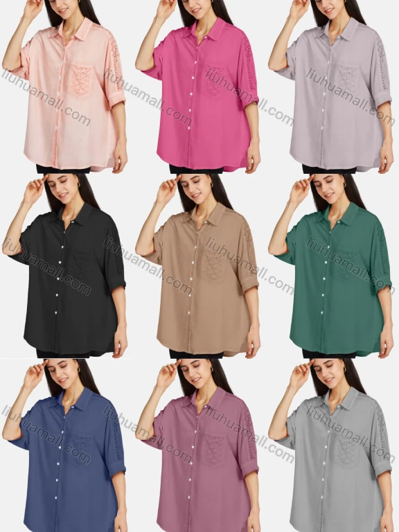 Wholesale Women's Stand Collar Button Down Half Sleeve Guipure Lace Solid Tunic