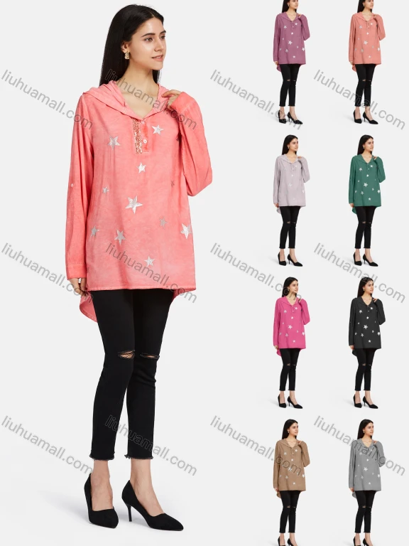 Wholesale Women's Long Sleeve Hooded Button Buckle Strap Cuff Hot Stamping Star Graphic Sequin Decor High Low Hem Tunic