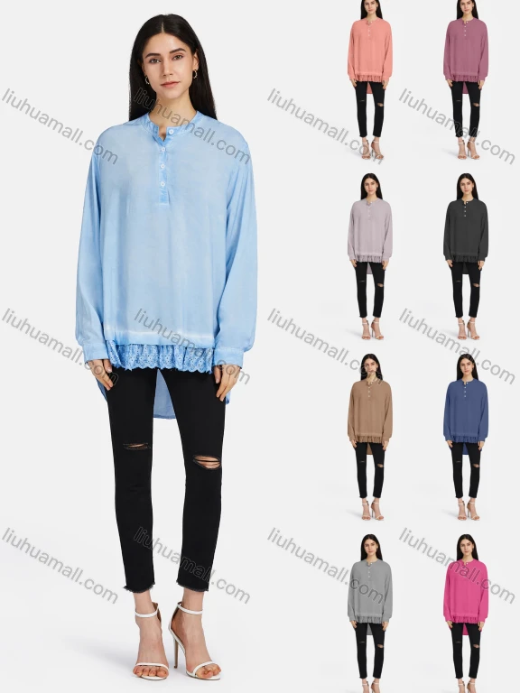 Wholesale Women's Crew Neck Long Sleeve Button Solid Eyelet Embroidered Lace Hem Tunic