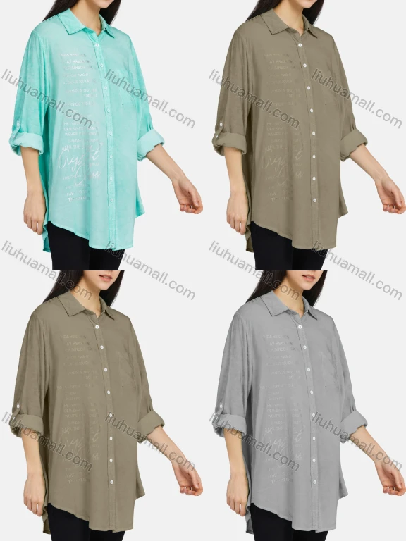 Wholesale Women's Collar Long Sleeve Button Down Buckle Strap Cuff Patch Pocket Hot Stamping Letter Curved Hem Tunic