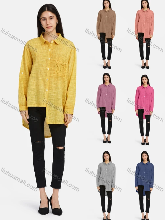 Wholesale Women's Stand Collar Button Down Lace Patch Pocket Buckle Strap Cuff Asymmetrical Hem Solid Tunic
