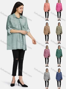 Wholesale Women's Collar Drop Shoulder Button Down Patch Pockets Sequin Decor Buckle Strap Cuff Distressed Tunic, LIUHUA CLOTHING WHOLESALE