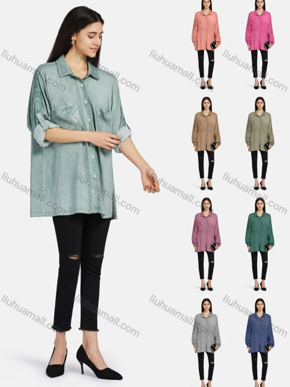 Wholesale Women's Collar Drop Shoulder Button Down Patch Pockets Sequin Decor Buckle Strap Cuff Distressed Tunic