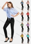 Wholesale Woman's Casual Shirt Collar Button Front Fake Pockets Long Sleeve Tie Front Plain Top - Liuhuamall