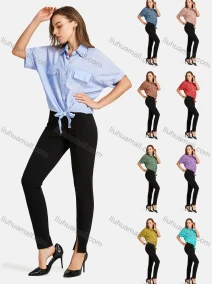 Wholesale Woman's Casual Shirt Collar Button Front Fake Pockets Long Sleeve Tie Front Plain Top, LIUHUA CLOTHING WHOLESALE