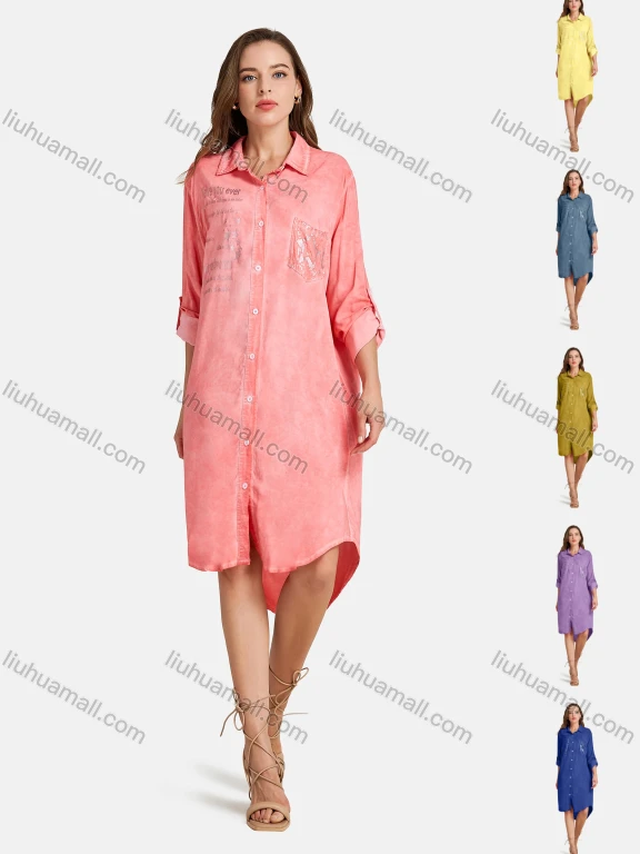 Wholesale Woman's Casual Long Sleeve Shirt Collar Bronzed Print Button Front Tunic