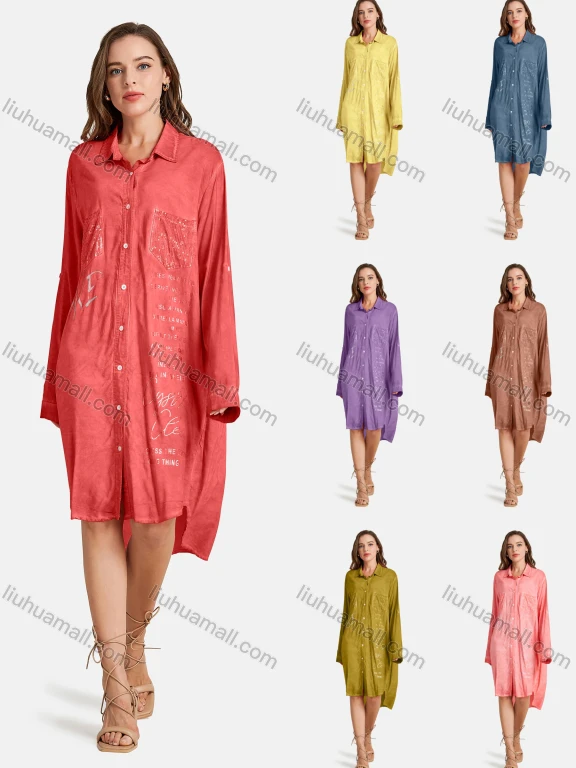 Wholesale Woman's Casual Long Sleeve Shirt Collar Bronzed Print Fake Pockets Button Front Tunic