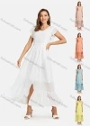 Wholesale Woman's Casual Plain V Neck Batwing Sleeve Front Slit Tiered Swiss Dot Plain Peplum Maxi Dress - Liuhuamall