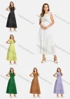 Wholesale Woman's Casual Plain Ruffle Trim Square Neck Eyelet Embroidered Bow Knot Plain Midi Cami Dress - Liuhuamall
