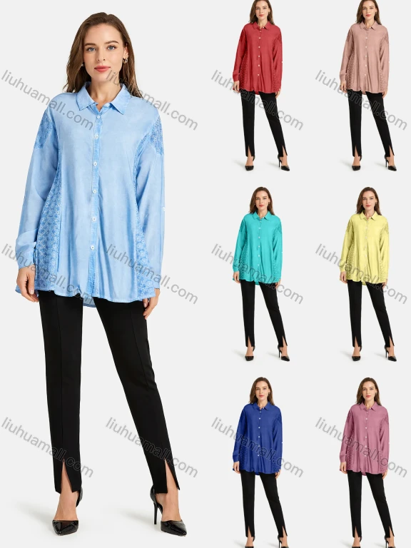Wholesale Woman's Casual Shirt Collar Long Sleeve Floral Eyelet Embroidered Button Front Plain Tunic