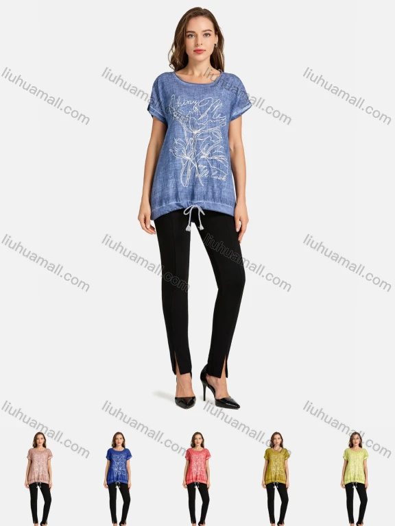 Wholesale Women's Casual Round Neck Short Sleeve Drawstring Floral Print Plain Tunic