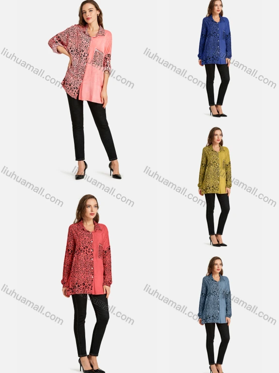Wholesale Women's Casual Shirt Collar Long Sleeve Fake Pocket Button Front Leopard Print Tunic
