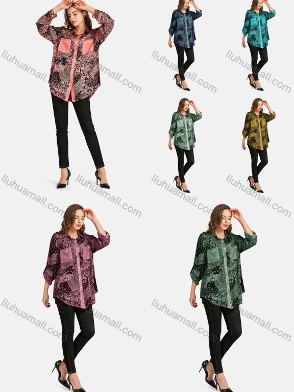 Wholesale Women's Casual Shirt Collar Long Sleeve 2 Fake Pockets Button Front Abstract Print Sequin Tunic