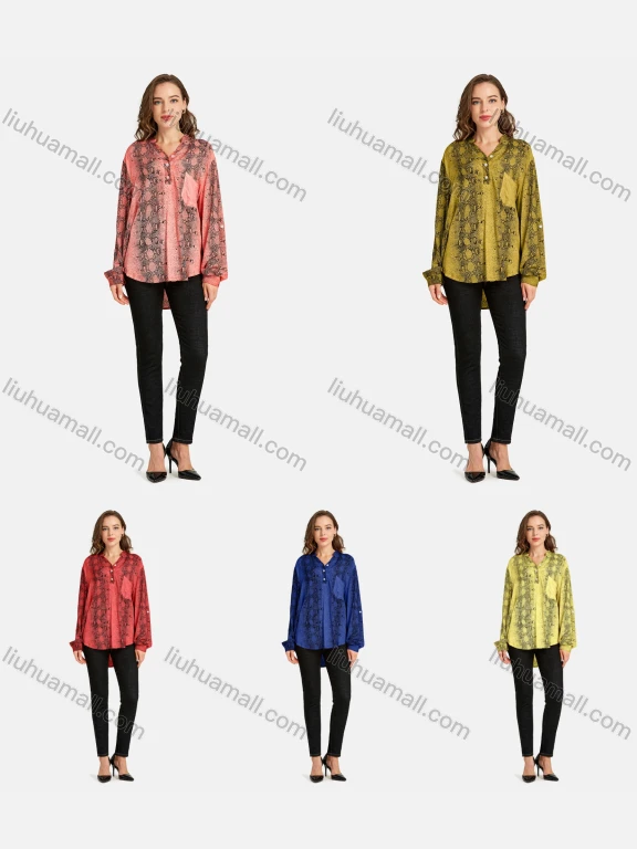 Wholesale Women's Casual Shirt Collar Long Sleeve Fake Pocket Button Front Snakeskin Print Sequin Tunic