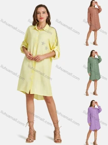 Wholesale Women's Casual Drop Shoulder Shirt Collar Button Front Long Sleeve Star Rhinestone Plain Tunic, LIUHUA CLOTHING WHOLESALE