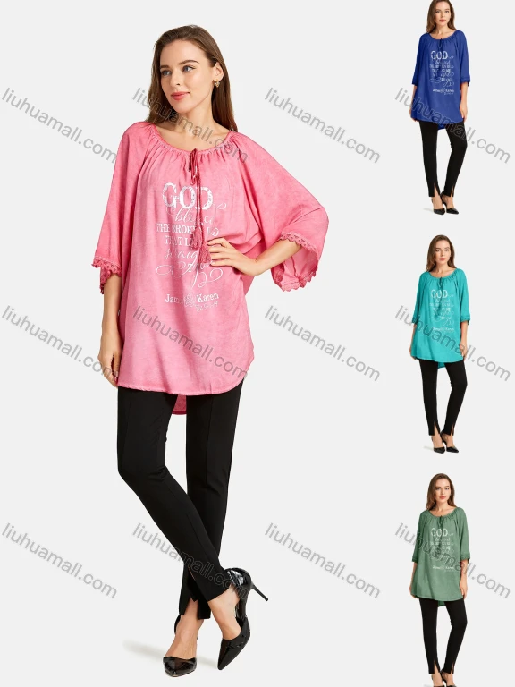 Wholesale Women's Casual Tie Front Round Neck Hollow Out Bell Sleeve Letter Print Plain Tunic