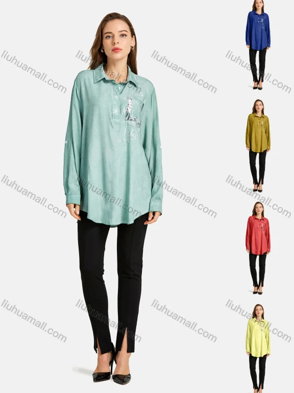 Wholesale Women's Casual Button Front Shirt Collar Long Sleeve Fake Pocket Letter Bronzed Print Plain Tunic