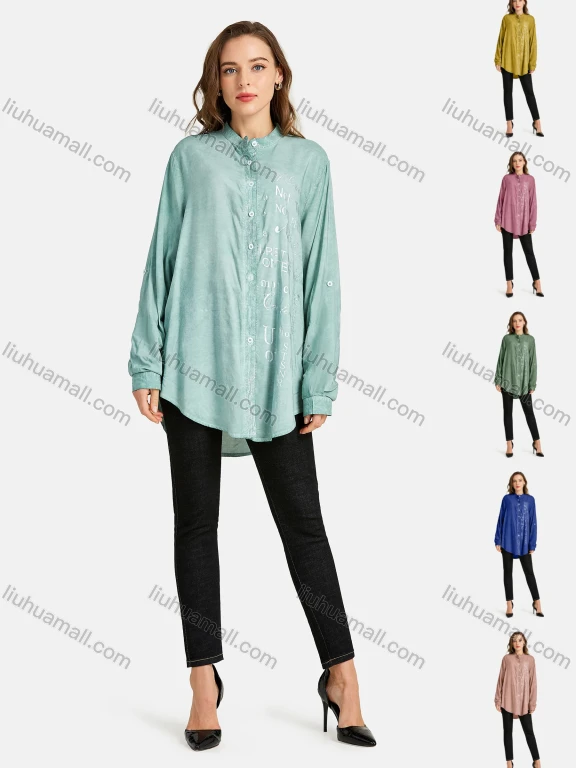 Wholesale Women's Casual Sequin Button Front Stand Collar Long Sleeve Fake Pocket Letter Bronzed Print Plain Tunic