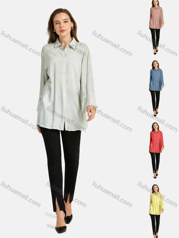 Wholesale Women's Casual Women's Casual Button Front Poet Sleeve Plain Tunic