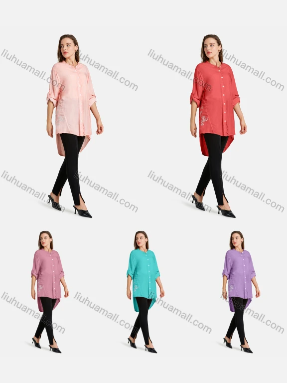 Wholesale Women's Casual Button Front Stand Collar Long Sleeve Bronzed Print Plain Tunic