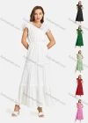 Wholesale Women's Casual V Neck Layered Petal Sleeve Hollow Out Tiered Plain Maxi Dress - Liuhuamall