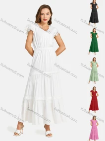 Wholesale Women's Casual V Neck Layered Petal Sleeve Hollow Out Tiered Plain Maxi Dress, LIUHUA CLOTHING WHOLESALE