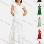 Wholesale Women's Casual V Neck Layered Petal Sleeve Hollow Out Tiered Plain Maxi Dress preview