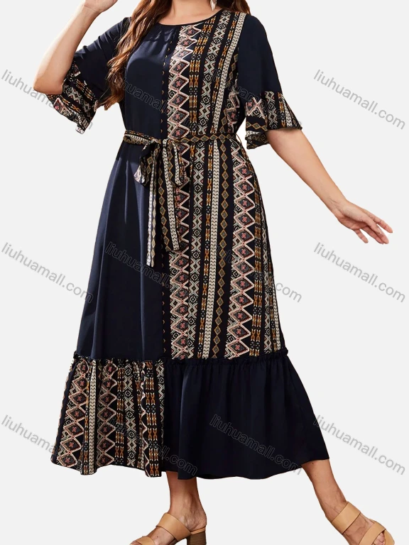 Wholesale Women's Casual VIntage Print Round Neck Tie Front Ruffle Hem Midi Kaftan