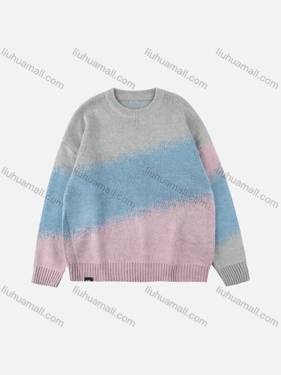 Wholesale Men's Gradient Colorblock Round Neck Ribbed Cuff Comfy Pullover Sweater