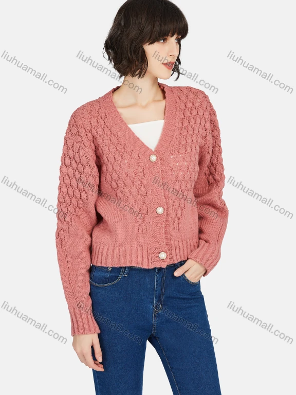 Wholesale Women's Casual Plain V Neck Button Down Long Sleeve Sweater Knit Sweater