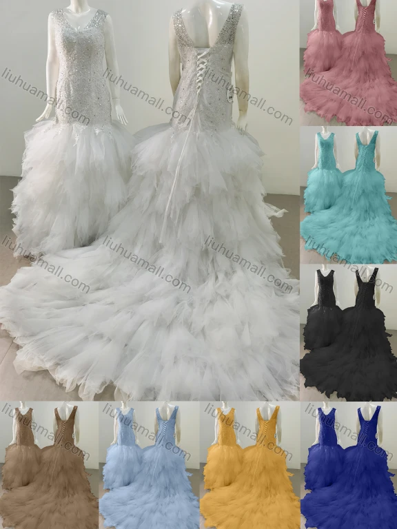 Wholesale Women's Glamorous V Neck Sleeveless Sequin Lace Up Backless Appliques Wedding Dress 8030#