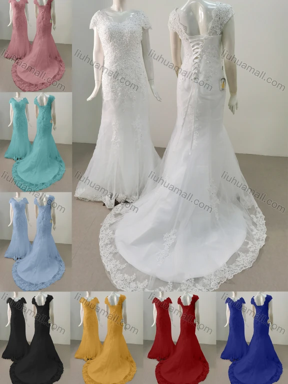 Wholesale Women's Glamorous Sweetheart Cap Sleeeve Sequin Lace Up Back Appliques Floor Length Wedding Dress 1030#