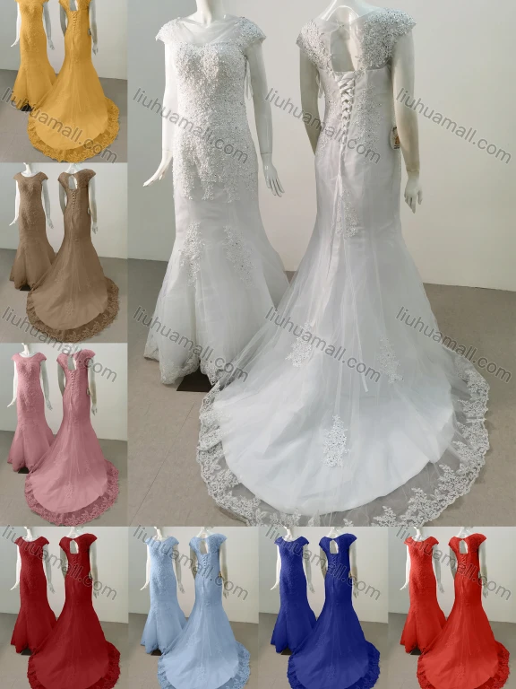 Wholesale Women's Glamorous Scoop Neck Cap Sleeeve Sequin Lace Up Back Appliques Floor Length Wedding Dress 1028#