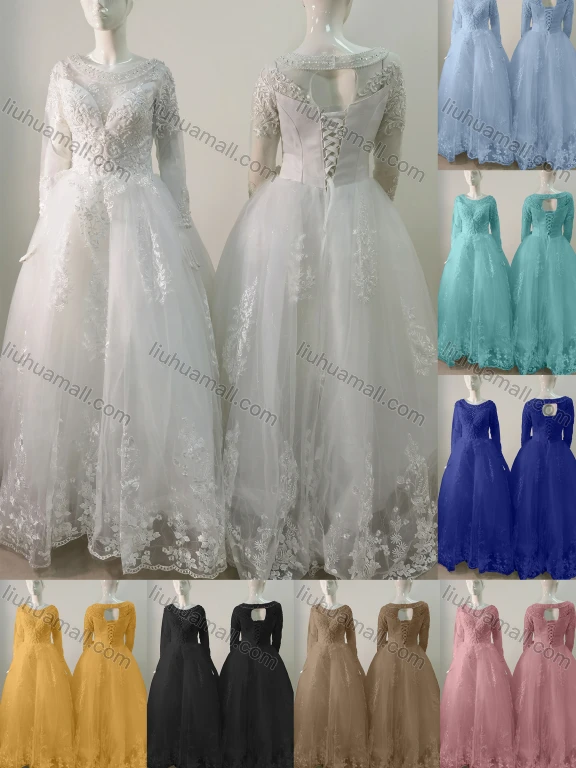 Wholesale Women's Glamorous Bateau Neck Lace Sleeve Sequin Lace Up Back Appliques Floor Length Wedding Dress 3033#