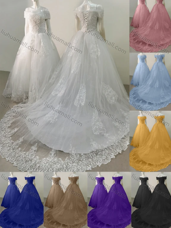 Wholesale Women's Glamorous Off Shoulder Sequin Lace Up Back Appliques Floor Length Wedding Dress 2058-1#