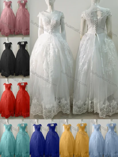 Wholesale Women's Elegant Wedding Sweetheart Cap Sleeve Lace Up Pearl Decor Maxi Bridesmaid Dress 2029#
