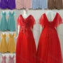 Wholesale Women's Elegant Wedding V Neck Layered Sleeve Lace Up Pearl Decor Maxi Bridesmaid Dress 2204# preview