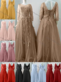 Wholesale Women's Elegant Wedding Bateau Neck 3/4 Sleeve Lace Up Pearl Decor Floor Length Bridesmaid Dress 2211#, LIUHUA CLOTHING WHOLESALE