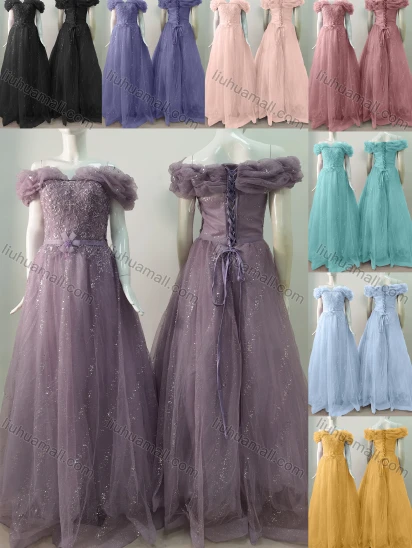 Wholesale Women's Elegant Wedding Off Shoulder Lace Up Pearl Decor Floor Length Bridesmaid Dress 2203#