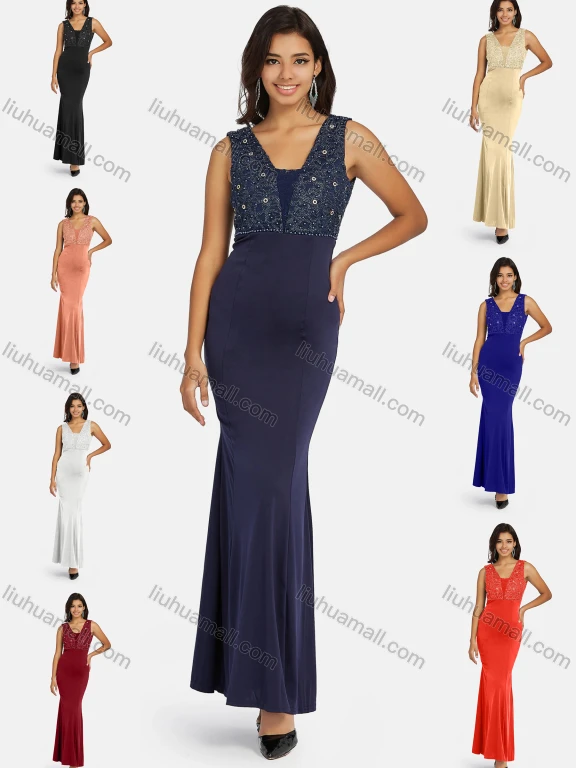 Wholesale Women's Elegant Sleeveless Pearl Decor Lace Plain Evening Dress