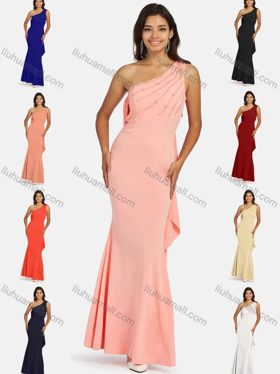 Wholesale Women's Elegant One Shoulder Pearl Decor Plain Mermaid Evening Dress