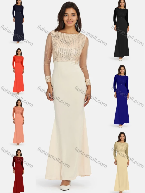 Wholesale Women's Elegant Lace Sleeve Pearl Decor Sequin Mermaid Evening Dress