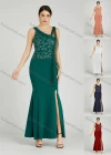 Wholesale Women's Elegant Slanted Shoulder Strap Sequin Applique Mermaid Split Hem Evening Dress 5033# - Liuhuamall