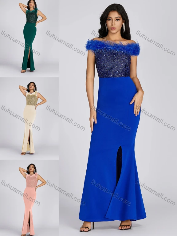 Wholesale Women's Glamorous Off Shoulder Sequin Feather Trim Side Slit Evening Dress 7001#