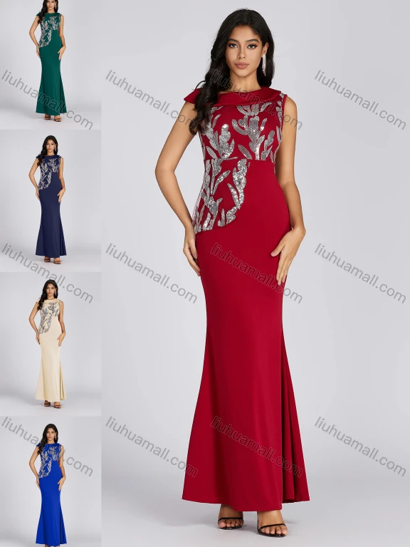 Wholesale Women's Elegant Asymmetrical Neck Sequin Applique Mermaid Evening Dress 5061#