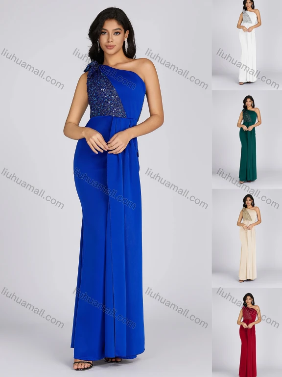 Wholesale Women's Elegant Asymmetrical Neck Sequin Tiered Evening Dress 5065#