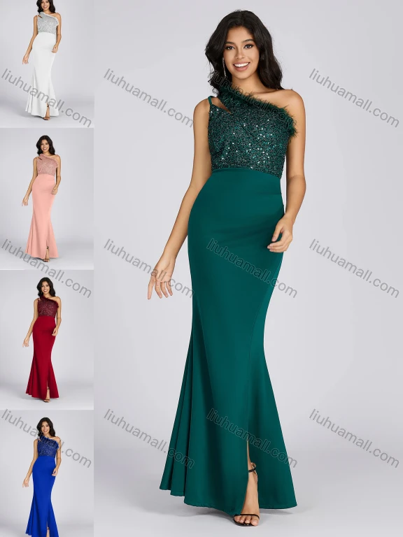 Wholesale Women's Glamorous Asymmetrical Neck Sequin Feather Trim Side Slit Evening Dress 7003#
