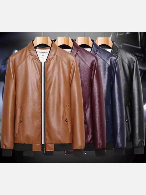 Men's Stand Collar Zipper Plain Leather Jacket 9997#, Clothing Wholesale Market -LIUHUA, Jackets