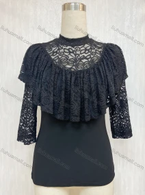 Wholesale Women's Mock Neck Lace Sleeve Lace Cutout Keyhole Blouse, LIUHUA CLOTHING WHOLESALE