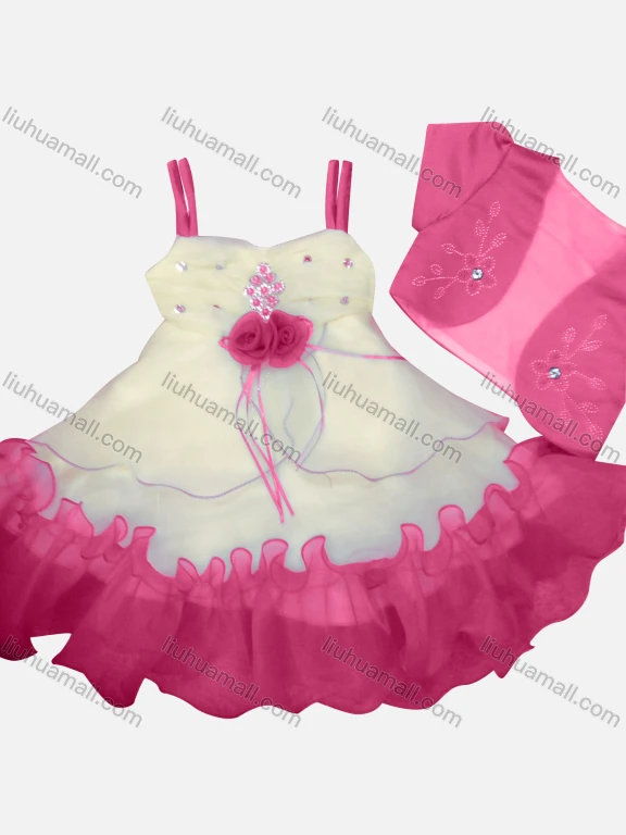 Wholesale Girls Lovely 3D Floral Rhinestone Appliques Ruched Tiered Ruffle Trim Dress With Short Sleeve Crop Cardigan